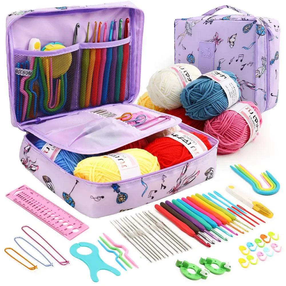 KOVEEN 59Pcs/Set  Portable Crochet Knitting Set DIY Beginner Crochet Hook Kit With Storage Bag Material Pack and Storage Tools 