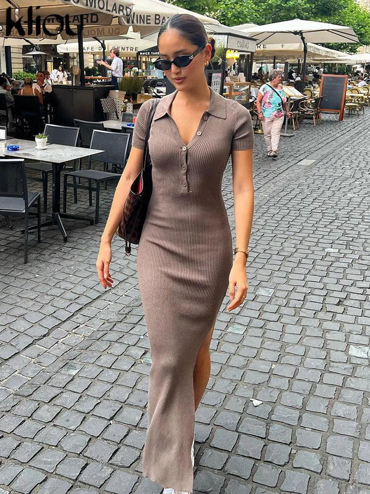 Kliou Elegant Office Lady Maxi Dress Women Solid Fashion Turn-down Collar Short Sleeve Button Side Slit Body-Shaping Street Robe 