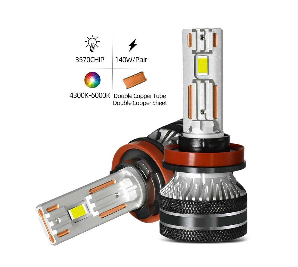 K5C H7 LED 60000LM 140W H7 Canbus Led Bulbs 4300K LED H4 H11 HB3 9005 HB4 9006 K6C Led Tub Dublu Cupru Rezervor de ceață 12V 2 Bucăți