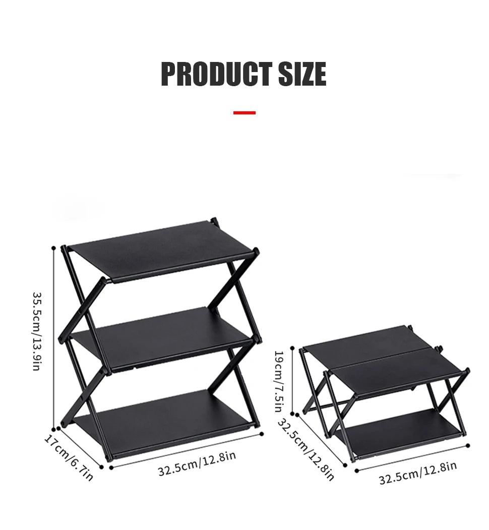 Camping Foldable Three-Tier Storage Shelf Rack for Outdoor Use