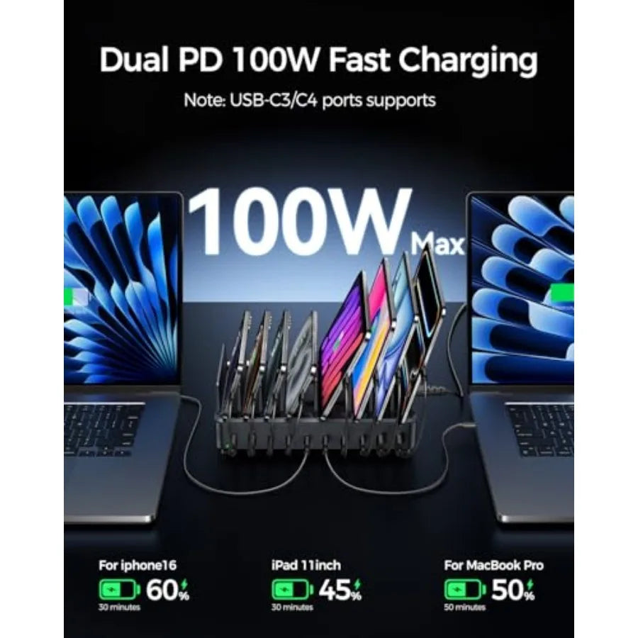 10 Port USB Charging Station with Dual 100W Type-C and Organizer