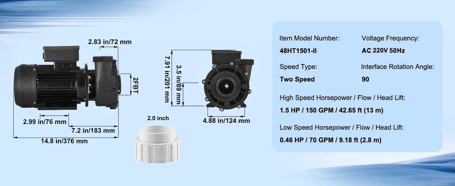 SucceBuy 2 Ταχύτητα SPA Αντλία 48/56-Πλαίσιο AC110-120V SPA Αντλία 1.5HP/3HP/4HP Υψηλή Ταχύτητα Διάμετρος 2'' Θέση 90° Περιστροφικό Διασύνδεση για υδρομασάζ