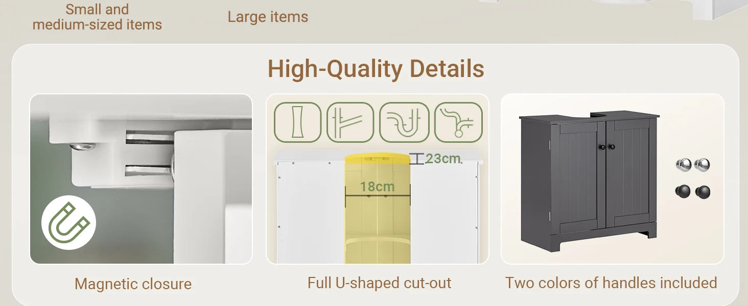 Under Sink Bathroom Cabinet with U-Shape Storage 60x60x30cm