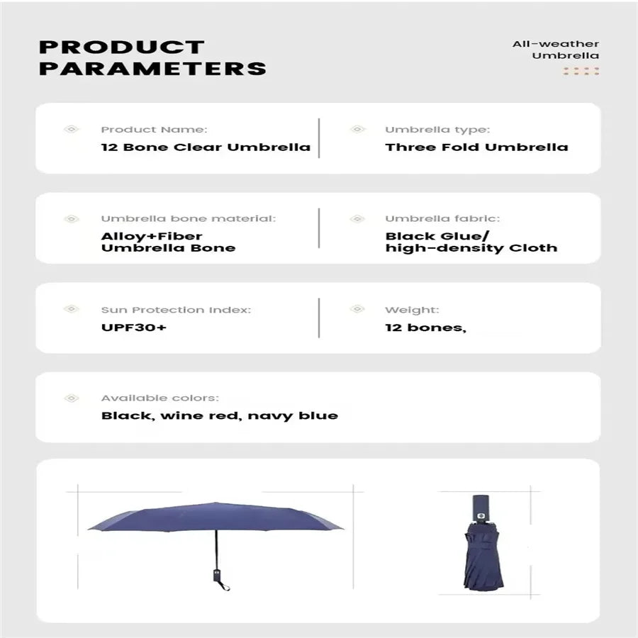 12 Bone Black Glue Fully Automatic Umbrella With Thick And Durable Keel Three Fold Umbrella UV Resistant Folding Umbrella 