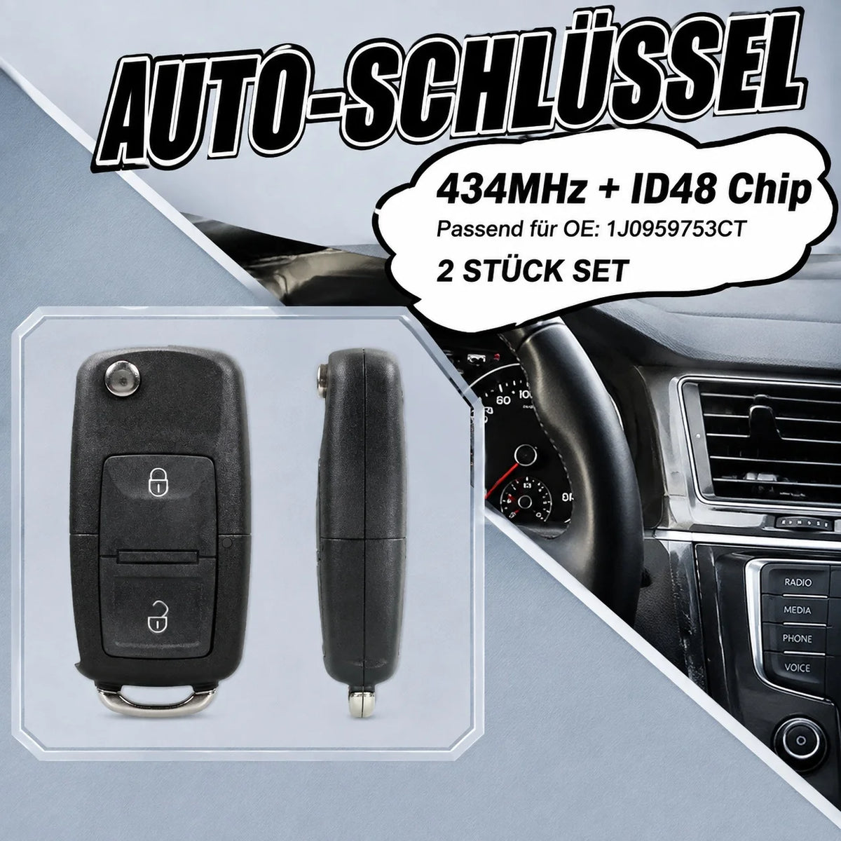  Univerzális 2 gombos távirányító kulcstartó ABS, Volkswagen 1J0959753CT ID48 chip 433MHz kulcs nélküli bejutás cseréje - 2 készlet