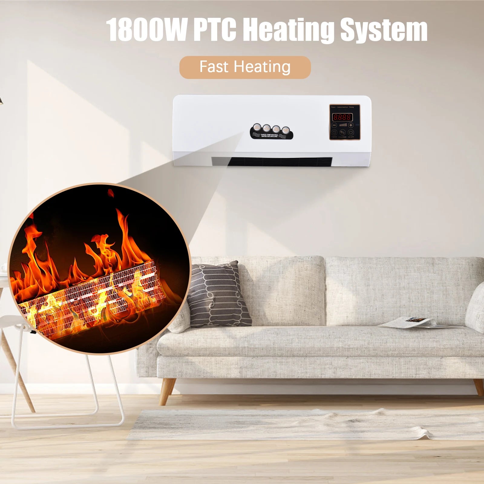 Aquecedor e Ventilador Combo de 1800W, Aquecedor Elétrico de Parede com Ventilador e Controlo Remoto