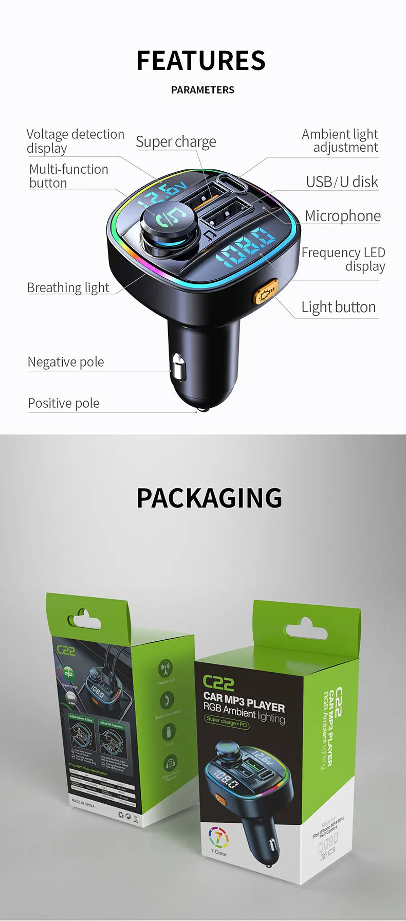 Bluetooth 5.0 FM vysielač Handsfree car radio modul MP3 prehrávač s 22.5W USB Superrýchlym nabíjaním adaptér do auta