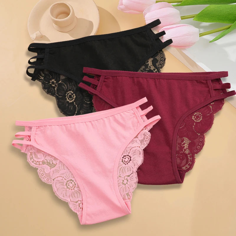 3PC/Set Women's Sexy Floral Lace Panties Low Rise Hollow Out Briefs Transparent Underwear Female Elastic Straps Soft Lingerie 
