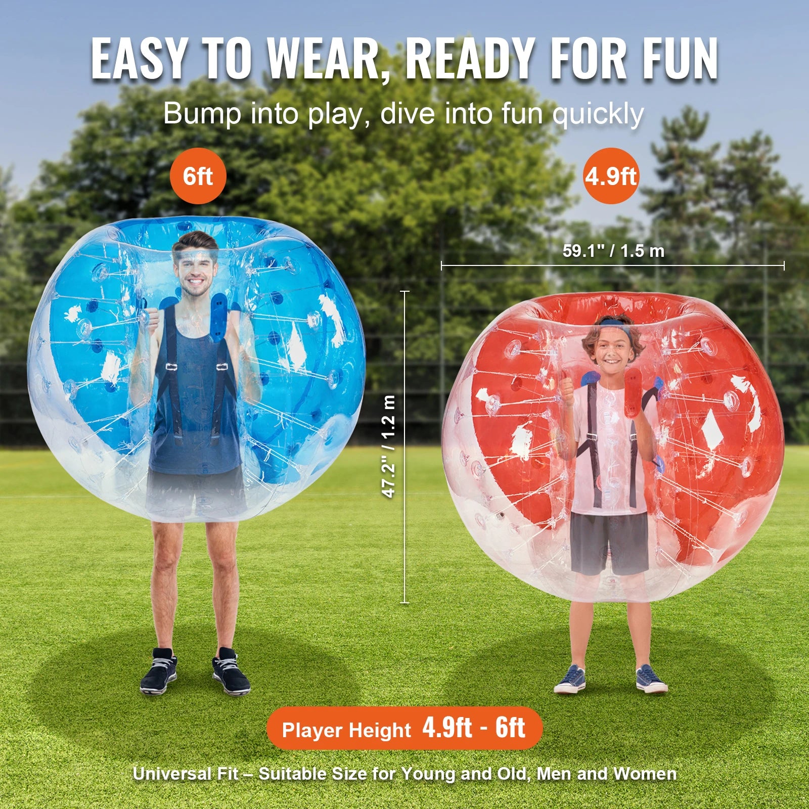 SucceBuy Set da 2 Palline Gonfiabili da 5FT/1.5M, Palline da Bumper Spesse per Calcio Bolle, 0.8 mm, Zorb Gonfiabili per Adulti o Bambini