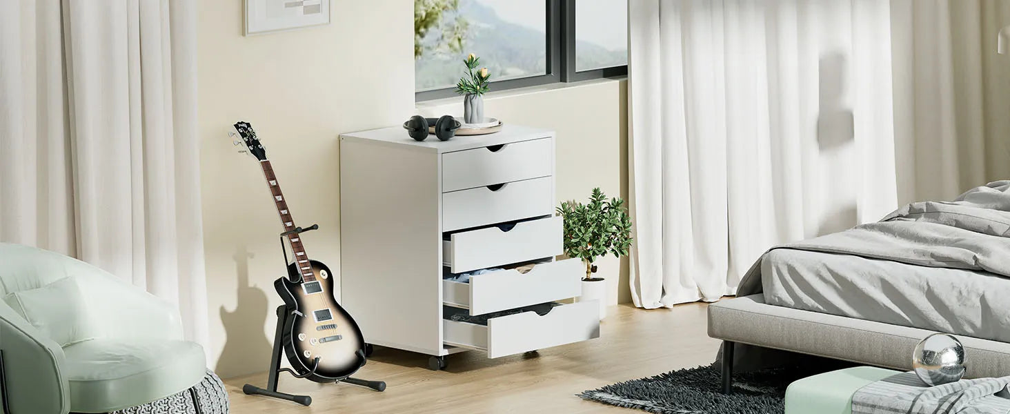 5 Drawer Rolling Nightstand Cabinet with Waterproof Top Surface