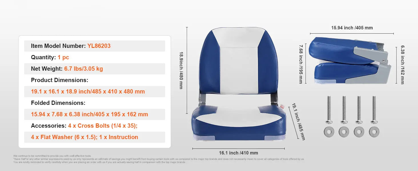 Folding Low Back Boat Seat 18.9" with Cushioned Support