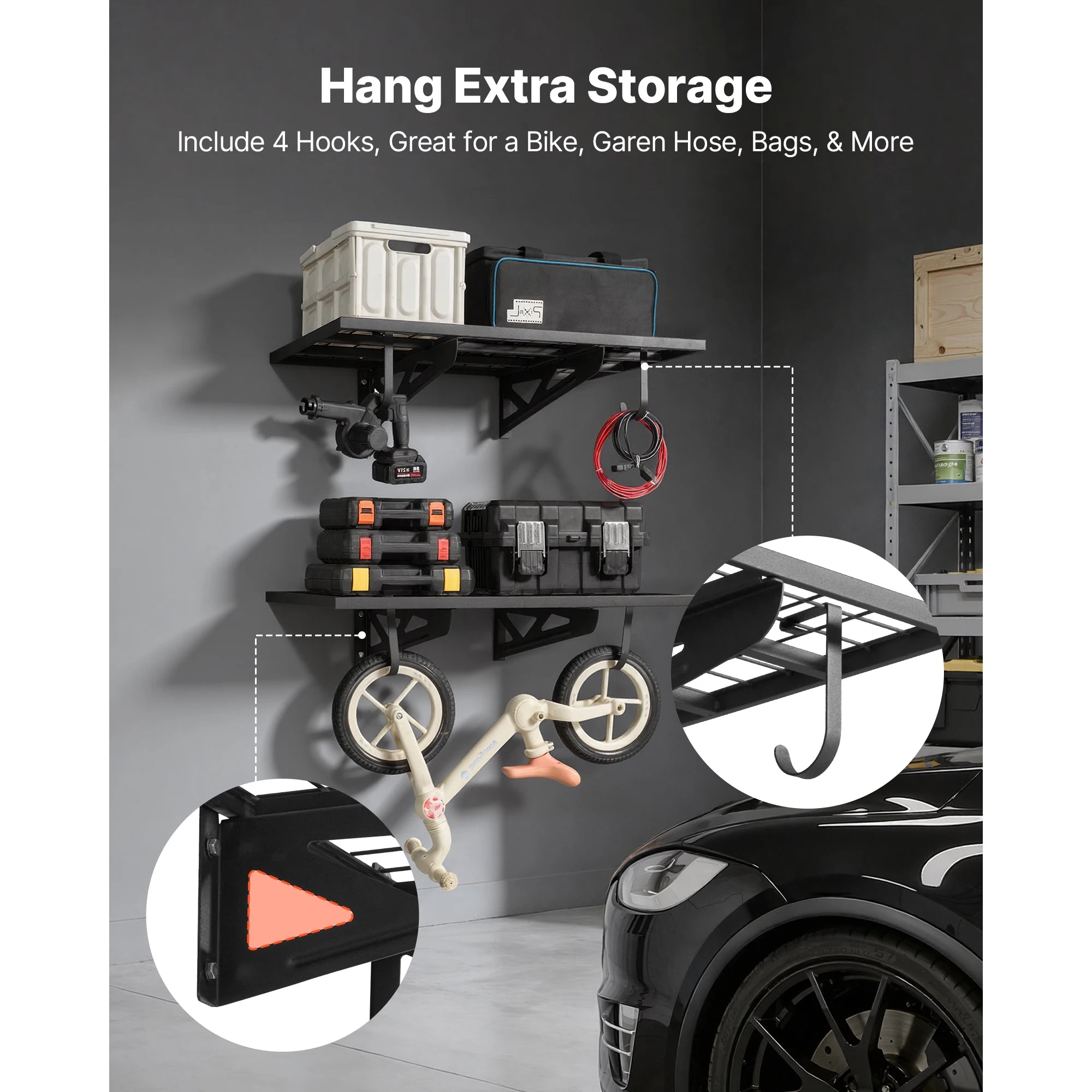 Heavy-Duty Garage Wall Shelving 2-Tier Steel Rack with Hooks