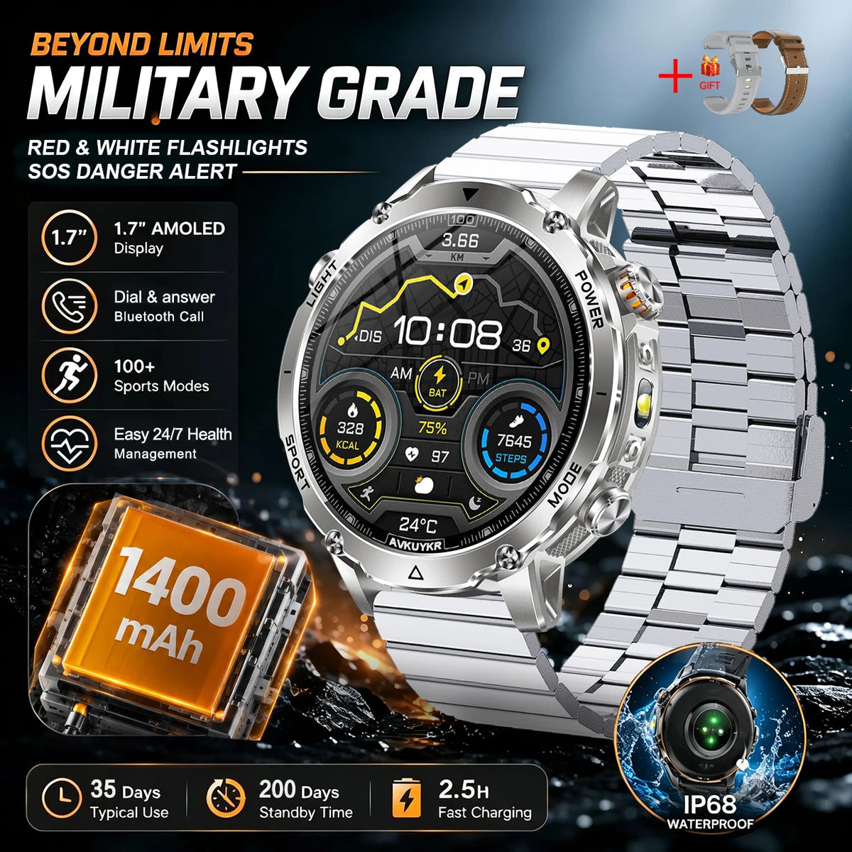 Outdoor Bluetooth Anruf-Smartwatch mit LED-Taschenlampe
