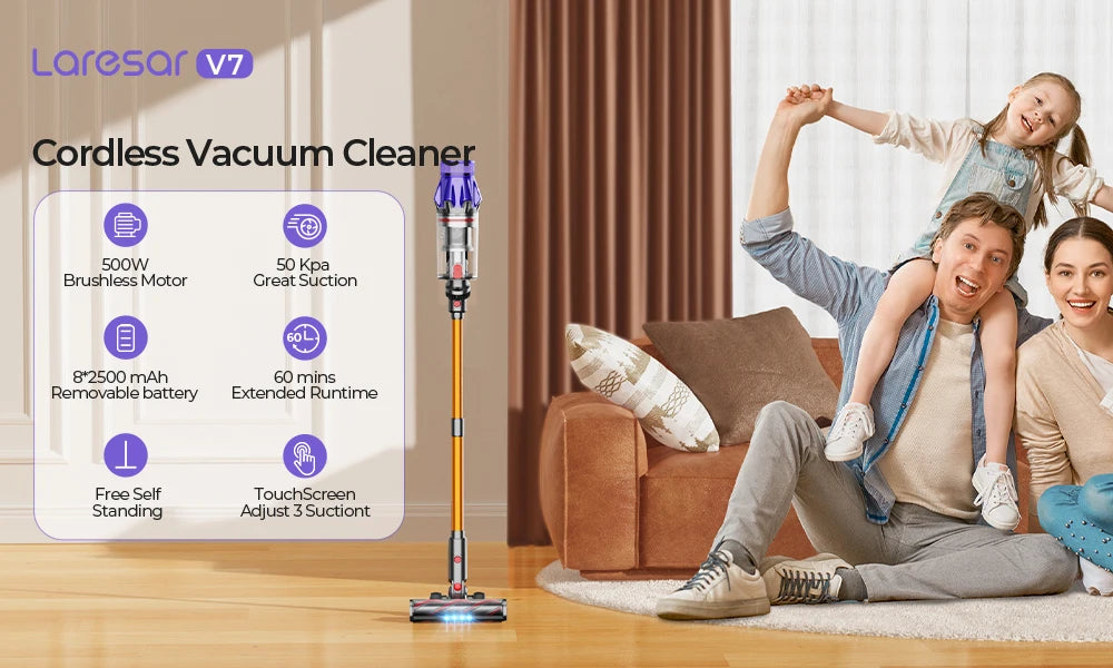 Laresar V7 500W 50KPA Suction Power Cordless Vacuum Cleaner  Handheld smart Home appliance Removable Battery Dust Cup 