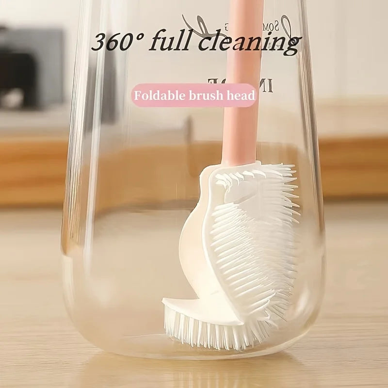 Foldable 360 degree comprehensive cleaning silicone brush with long handle design, reusable for bottles and cups 