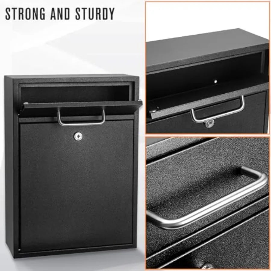 Locking Wall Mount Mailbox XL 16x11.2x4.7 in Secure Iron Drop Box