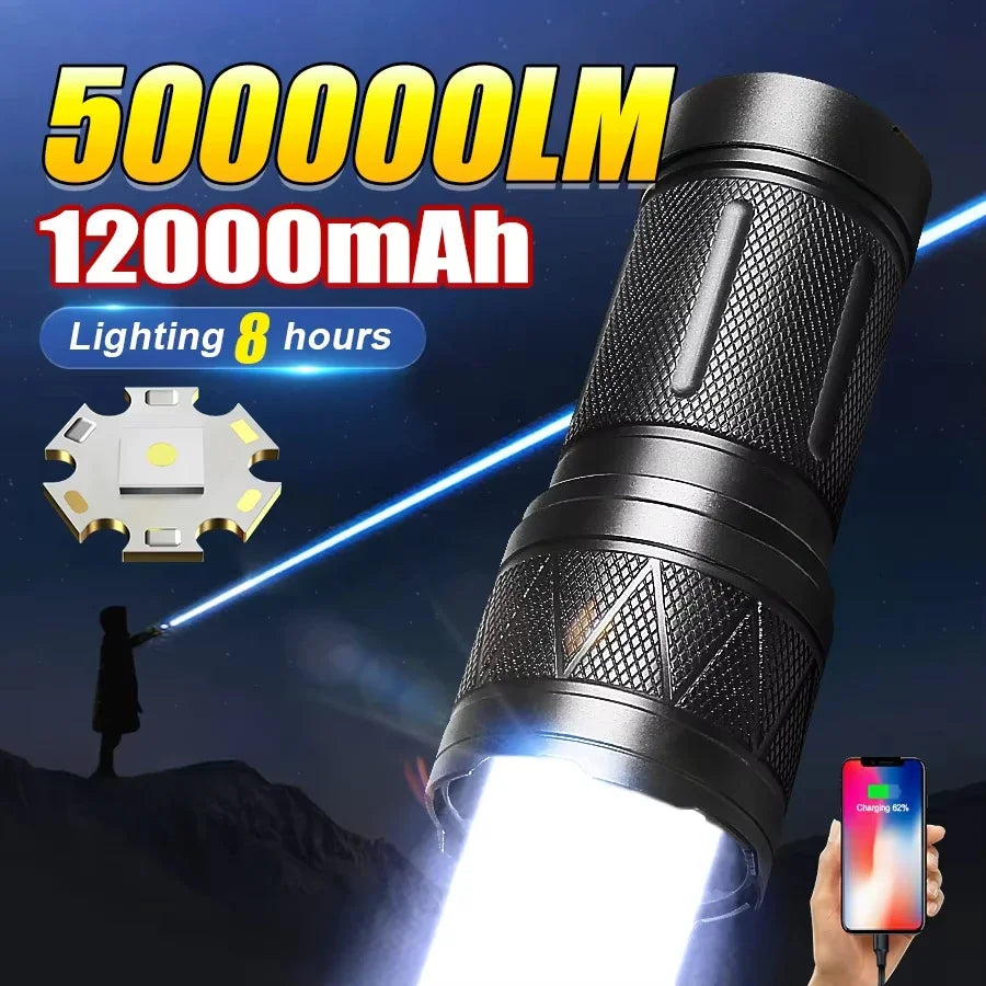 LED Handheld Flashlight Ultra-Bright 50000Lumens 12000mAh Rechargeable Battery Powerful Torch Zoomable Tactical Lantern
