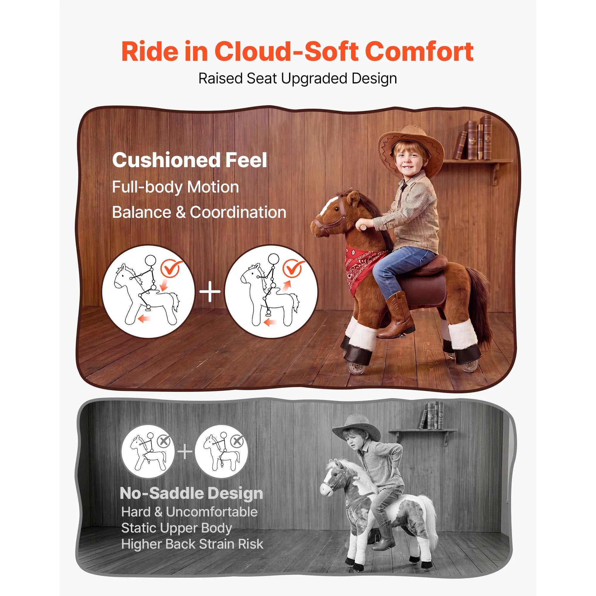 SucceBuy 110/176 lbs Kids Ride On Horse Smooth Wheels with Anti-Roll Stop Ring & Handles Pedals Riding Pony Toys for Children