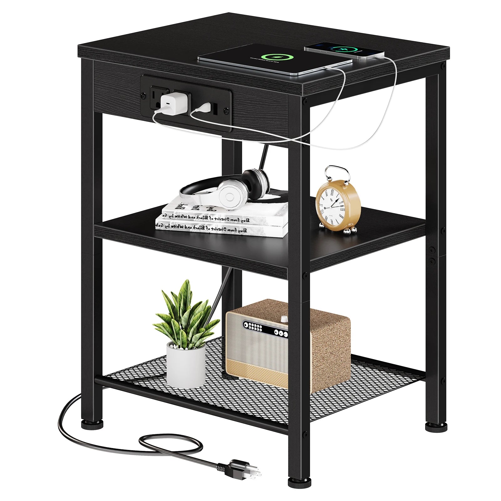 3-Tier Side Table with Charging Station and Adjustable Shelves