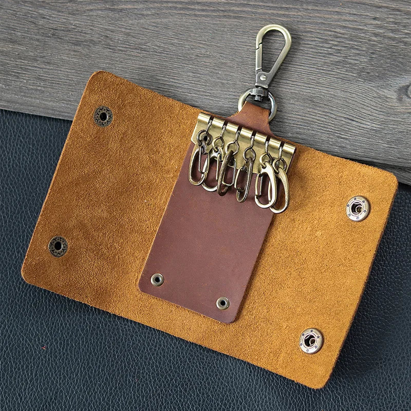 Handmade Genuine Leather Key Holder - Men's Organizer Pouch with Card Slot, Housekeeper Key Case & Wallet (Gift Ready)