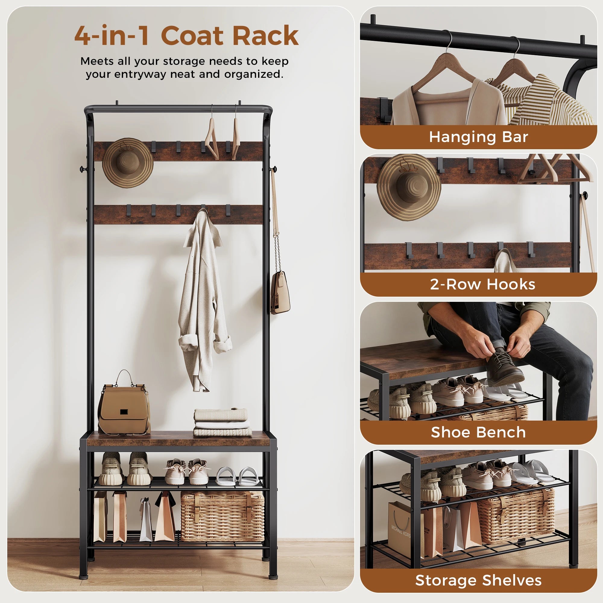 4-in-1 Entryway Coat Rack with Shoe Bench and Storage Hooks