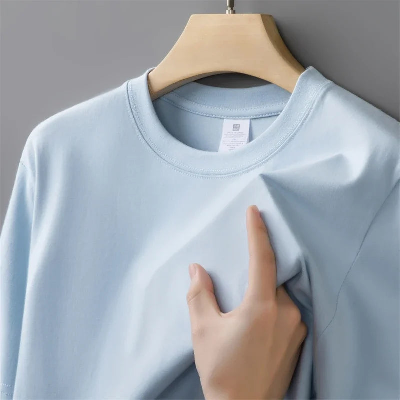 230g Men's Oversized Thick Round Neck T-shirt Summer Short Sleeved T-shirt Pure Cotton Solid Color Top Casual Versatile T-shirt 
