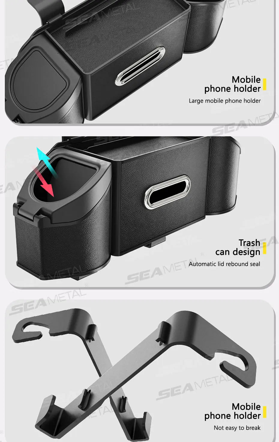 SEAMETAL Car Back Seat Organizer Multifunctional Car Storage Box Universal Cup Holder/Trash Bin/Tissue Holder/Phone Mount/Hooks
