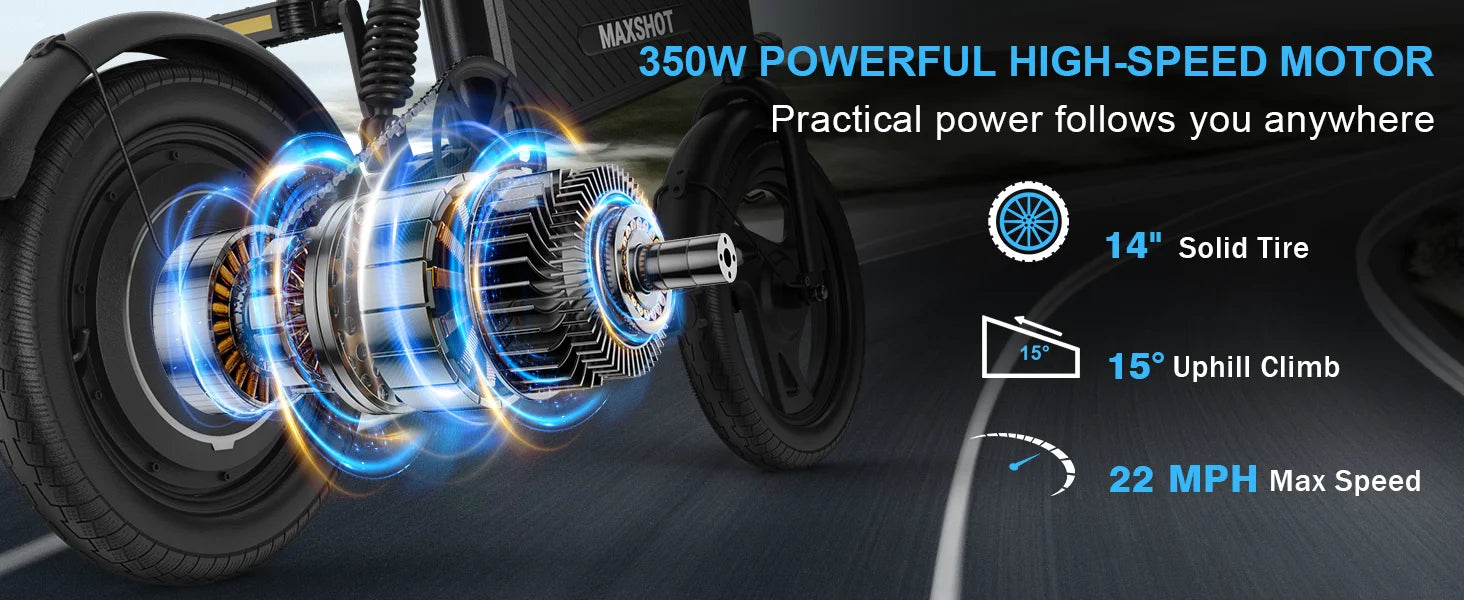 14" Foldable Electric Bike 350W Motor 48V Battery 22MPH Range