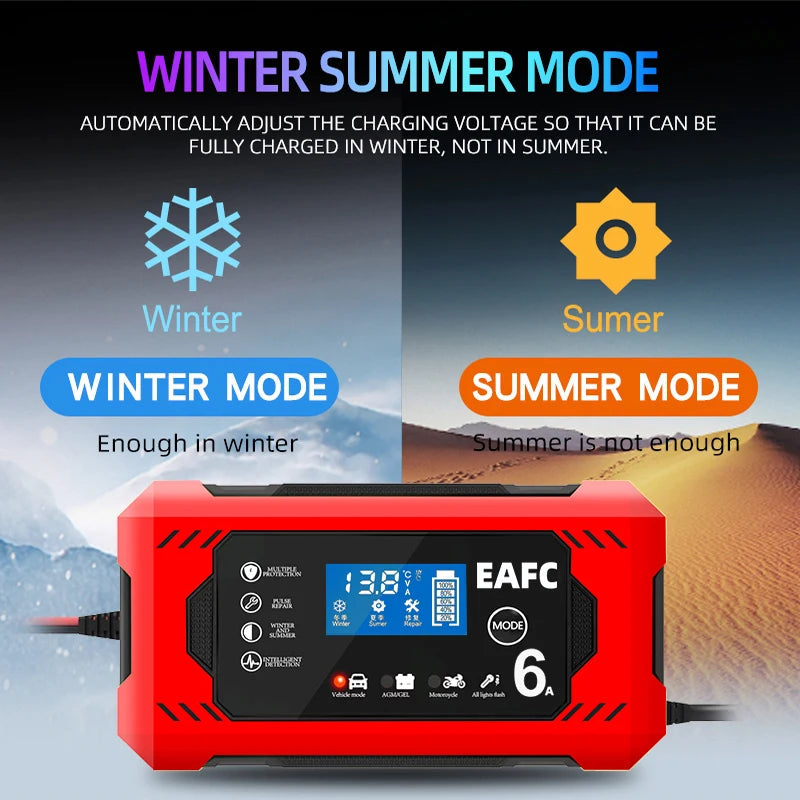 Car Battery Charger 12V 6A Intelligent Fast Charging Pulse Repair Type Full Auto-Stop Dual-Mode Lead Acid for Motorcycle Truck 