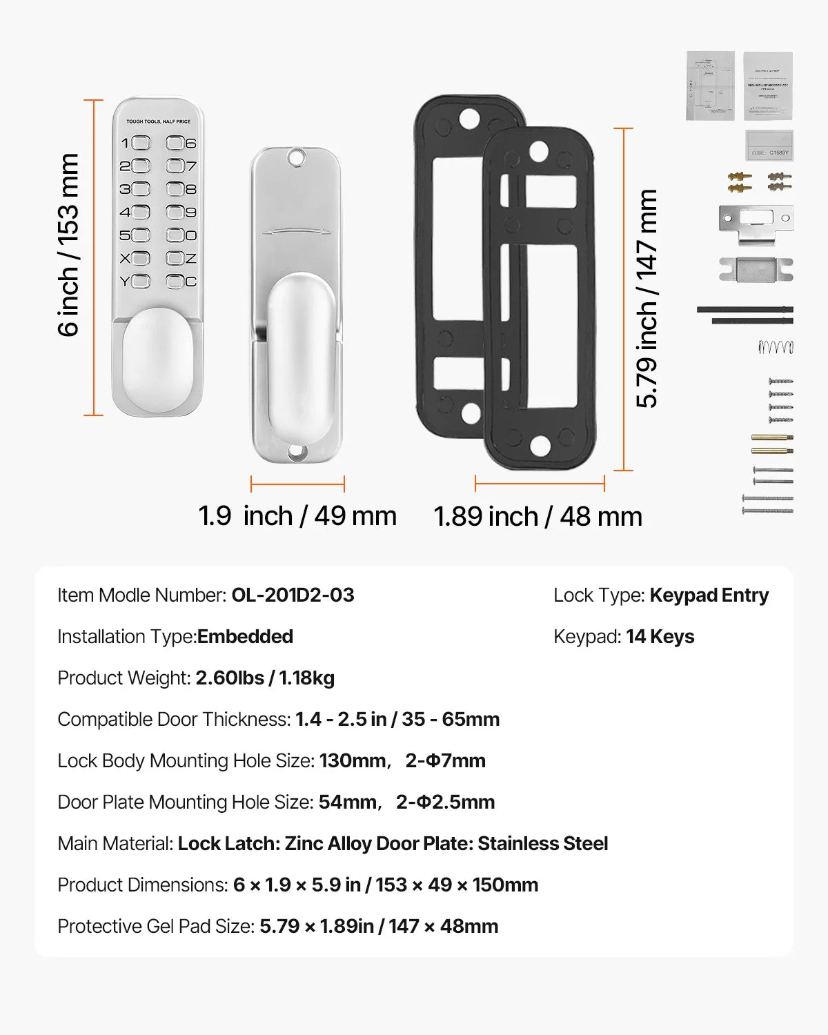Mechanical Keyless Entry Door Lock with Auto Lock & Keypad