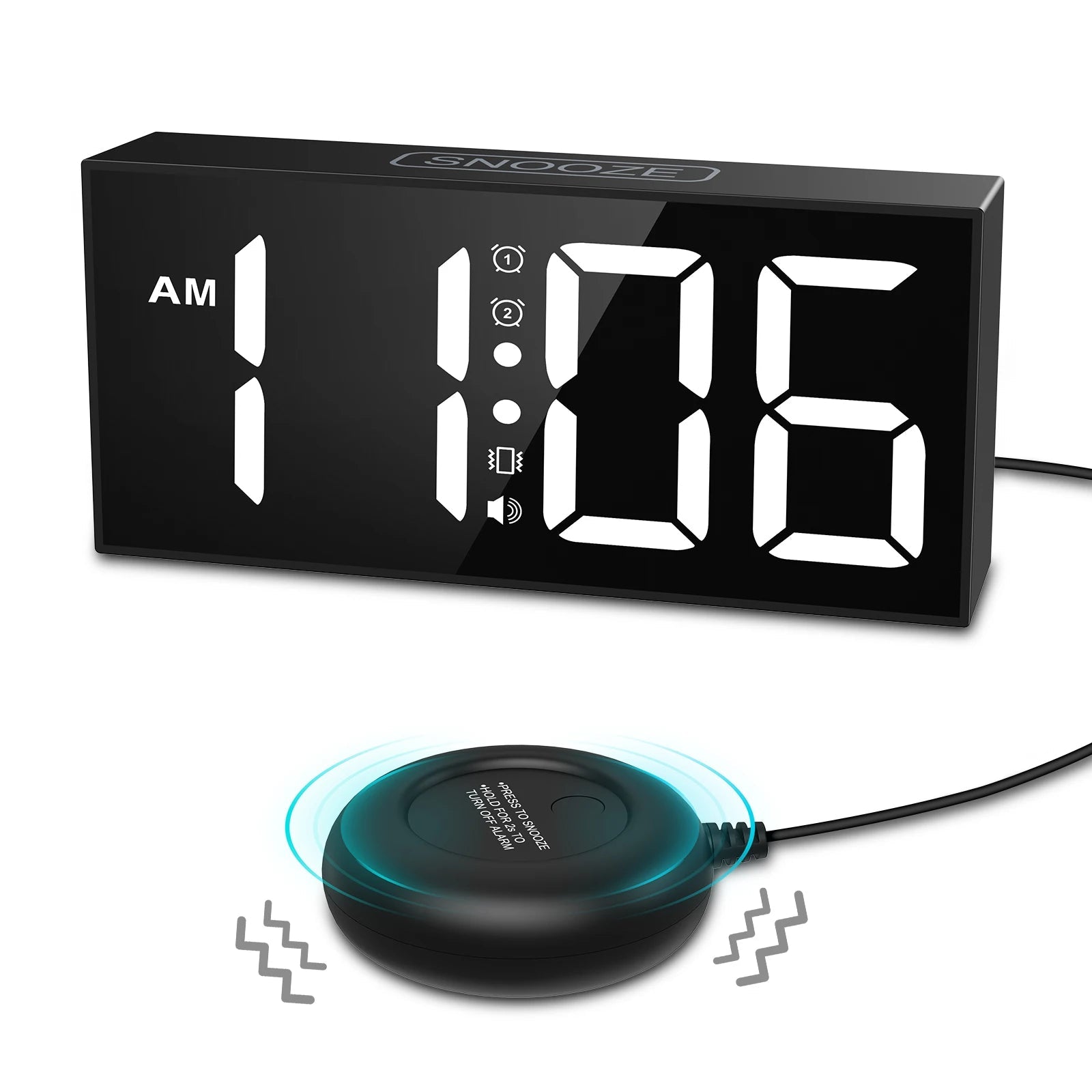 ORIA Vibrating Alarm Clock 7.5'' Large Display LED Clock Loud Alarm Clock with Bed Shaker for Heavy Sleepers Hearing Impaired 