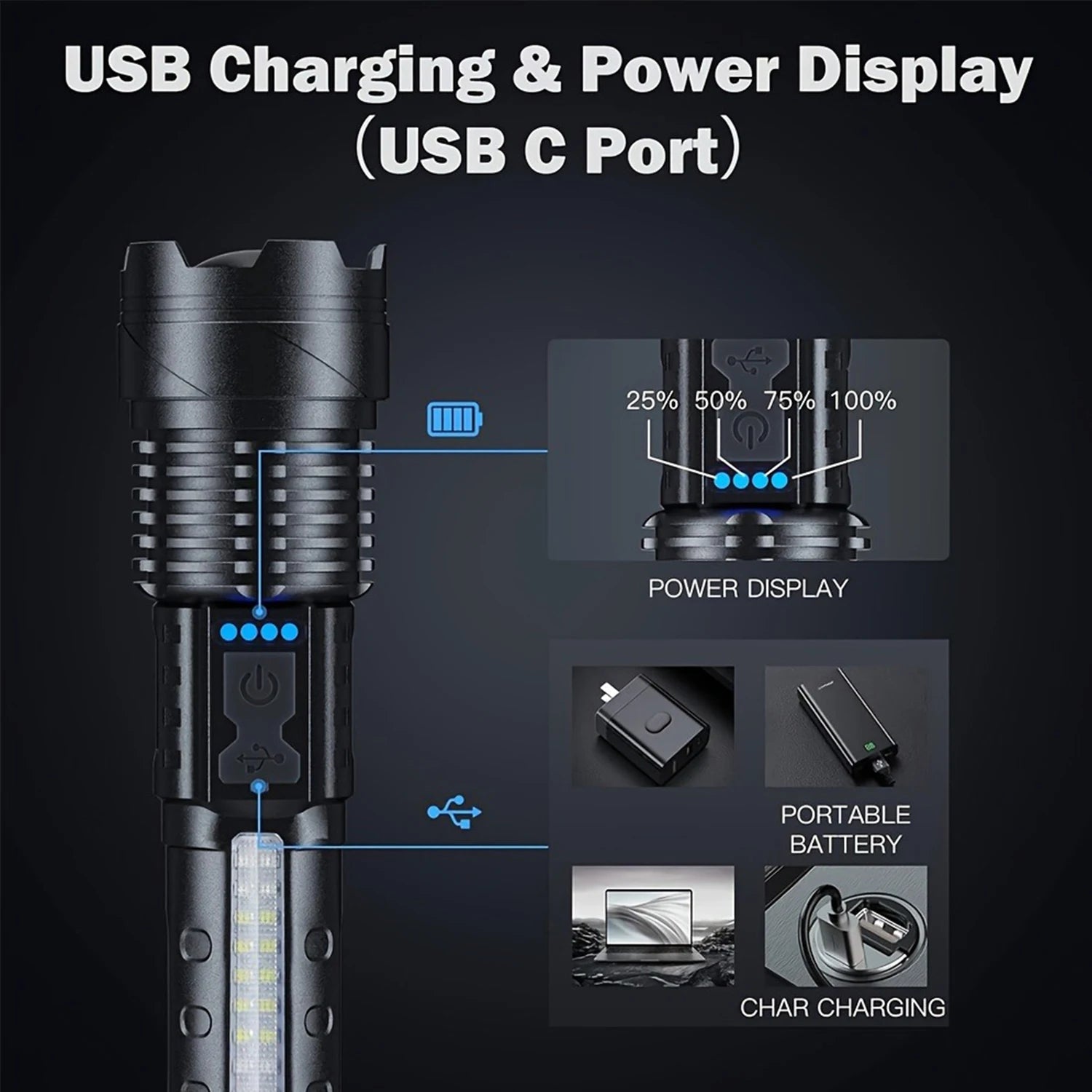 Lampe de poche LED rechargeable avec 7 modes et faisceau zoom réglable