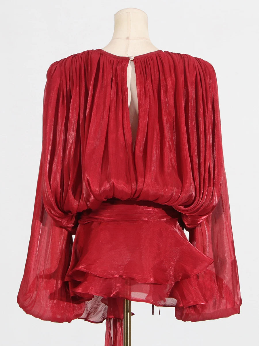 GALCAUR Solid Loose Splicd Lace Up Dresses For Women V Neck Long Sleeves Patchwork Ruffles Tunic Dreses Female Fashio New 