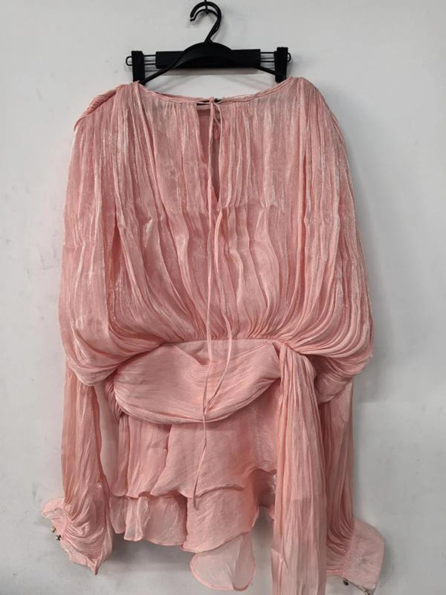 TWOTWINSTYLE Solid Patchwork Lace Up Blouse Mini Dresses For Women V Neck Long Sleeve Sweet Style Dress Female Clothing Fashion 