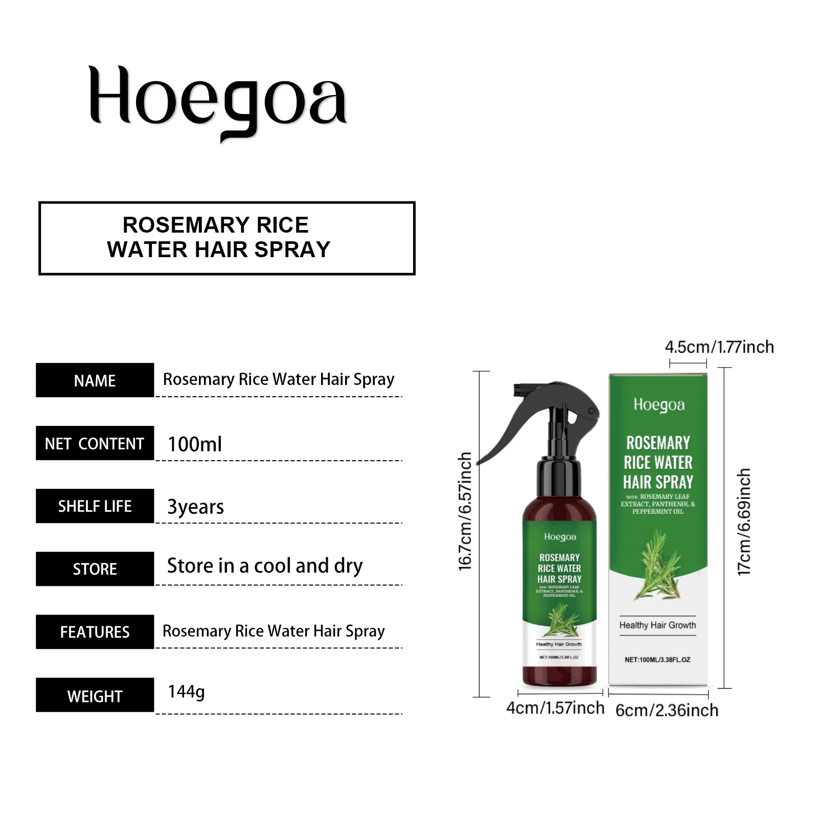 Spray de Crescimento Capilar de Alecrim com Óleo de Cuidado Capilar de Água de Arroz para Hidratar o Couro Cabeludo, Aumentar a Espessura, Anti-Caspa, Suavizar, Fortalecer o Cabelo