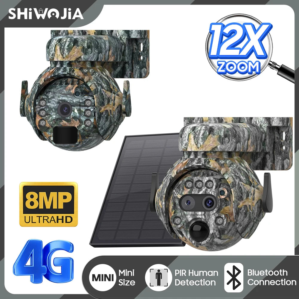 SHIWOJIA 12X ZOOM 4K 8MP Solar Camera Dual lens 4G 360° View Camouflage Color Outdoor Hunting Camera 7800mAh Battery Ubox app 