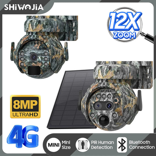 SHIWOJIA 12X ZOOM 4K 8MP Solar Camera Dual lens 4G 360° View Camouflage Color Outdoor Hunting Camera 7800mAh Battery Ubox app 