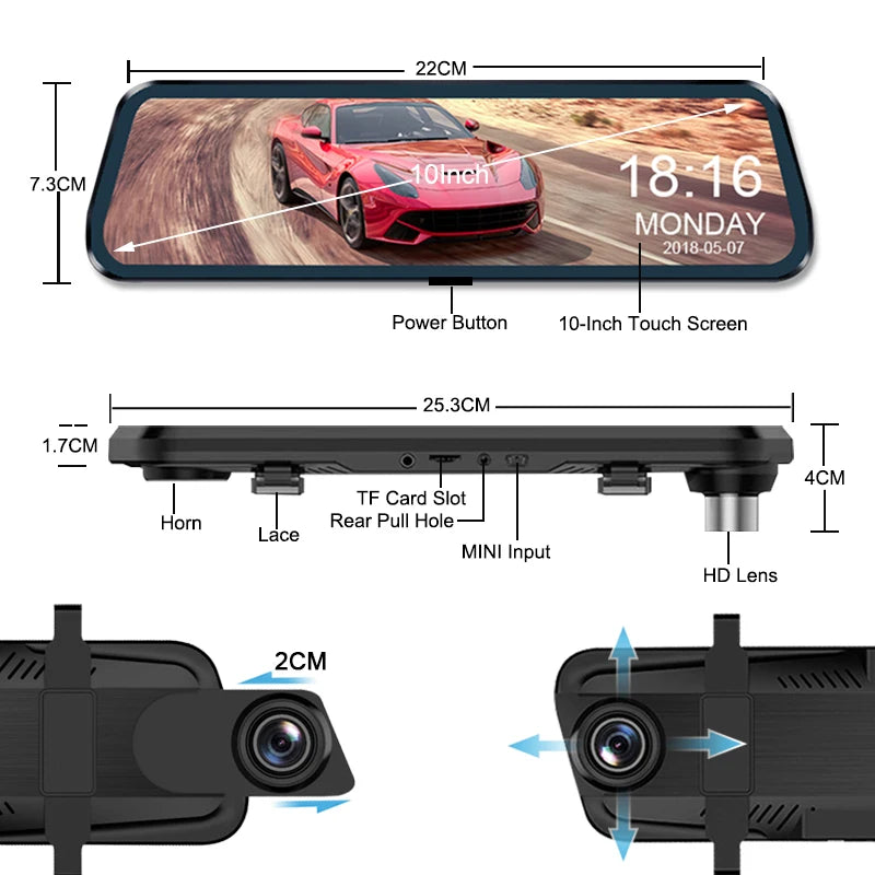 10 Inch Car DVR Car Touch Screen video Recorder Dual 1080P Rearview Mirror Front and Rear HD Night Vision Camera Mirror 