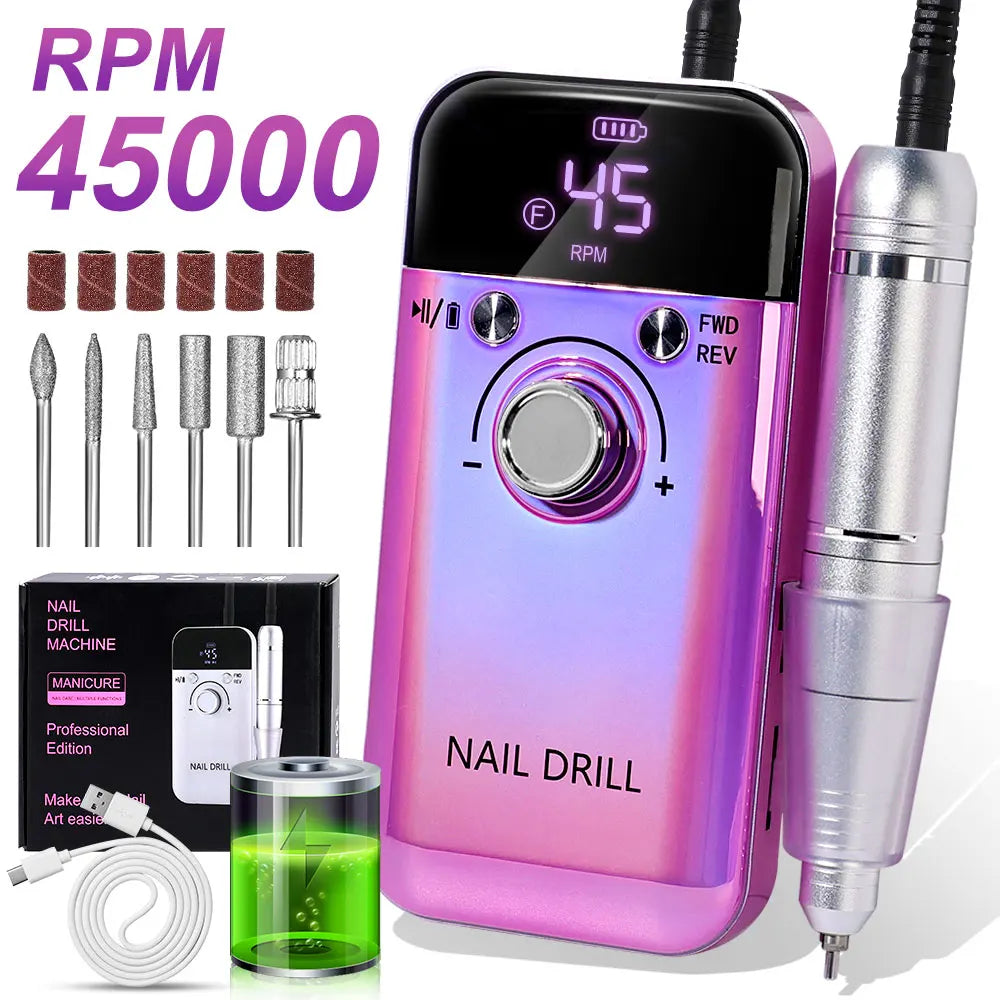 45000RPM Electric Nail Drill Machine Professional Nail Drills for Gel Nails Polish Rechargeable Portable Nail File Manicure Tool 
