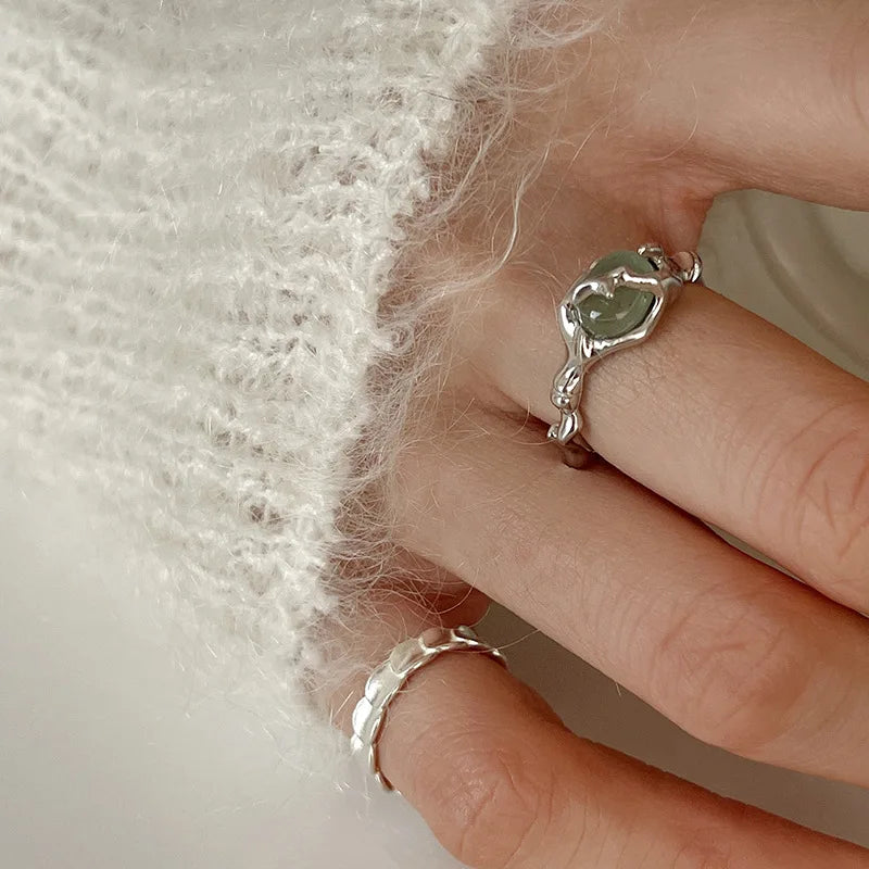 925 Sterling Silver plated Liquid Lava Hetian Jade Bamboo Ring for Women Girl Gift Irregular Vintage Jewelry Dropshipping 