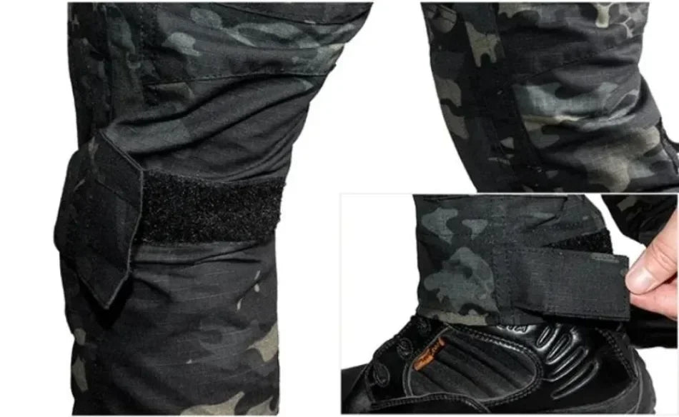 Black Camo Training Sets 1/4 Zipper Combat Tops Tactical Suits Hiking Pants Men Durable Shirts Multiple Pockets Wear-resisting