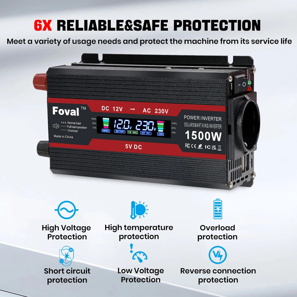 Мощен инвертор 1500W/2000W/2600W/3000W с LCD дисплей DC 12V към AC 220V, соларен, с 2 USB порта, автомобилен трансформатор, конвертор, EU щепсел, модифицирана синусоида 50Hz