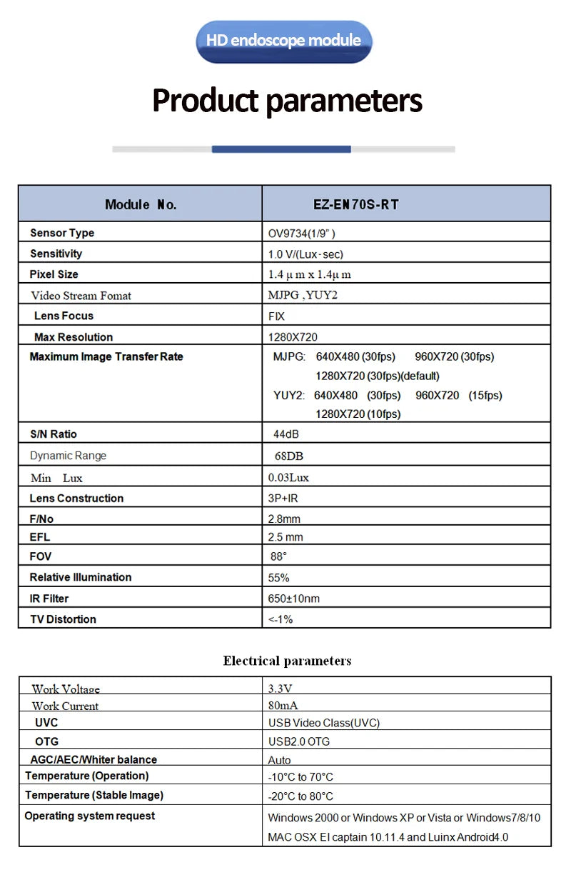 1MP USB Endoscope Module Diameter 8.5mm FOV88° IP67 Waterproof Industrial Steering Endoscope