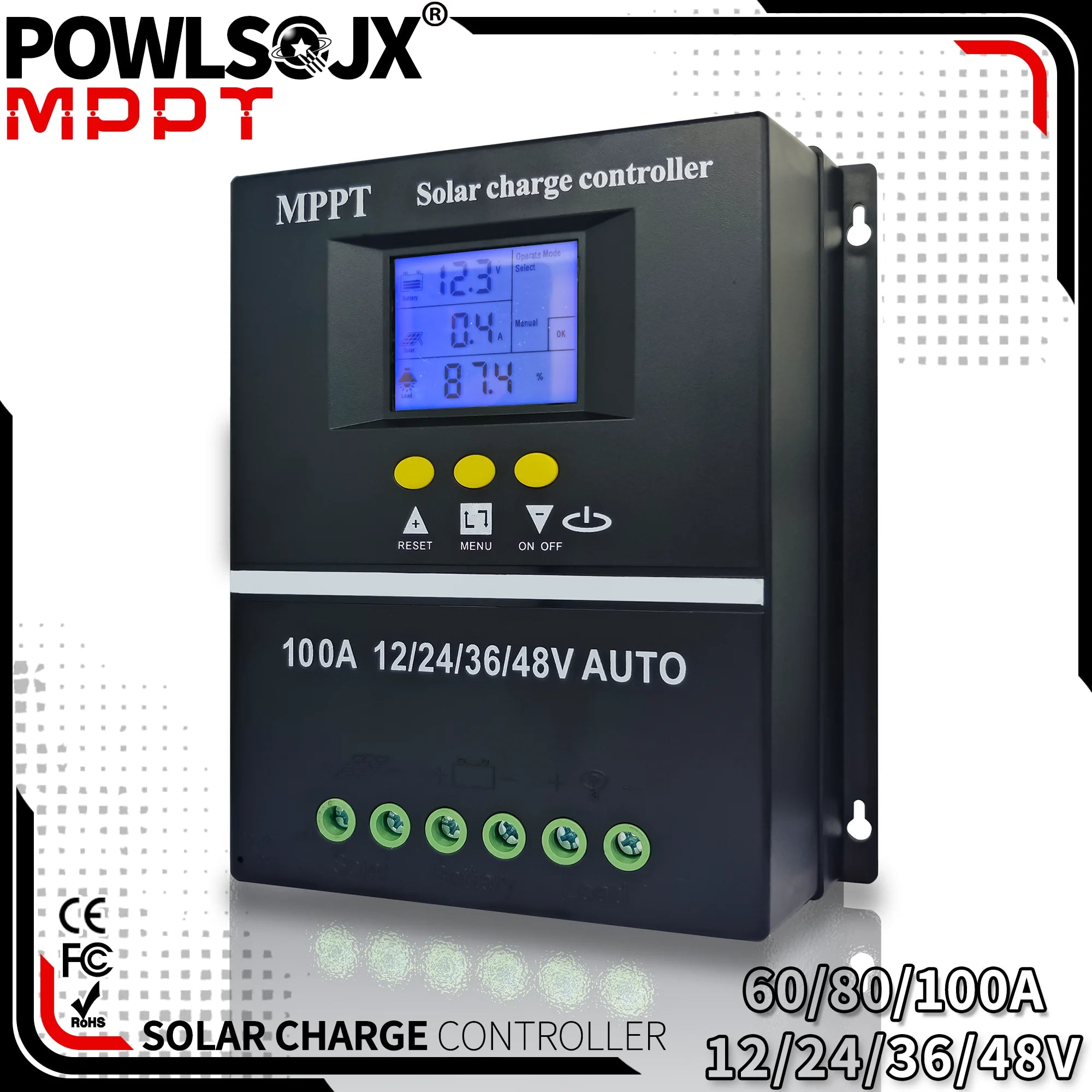 POWLSOJX MPPT 100A 80A 60A Solar Charge Controller 12V 24V 36V 48V Solar Panel Lead Acid/Lithium Battery Regulator Dual USB 