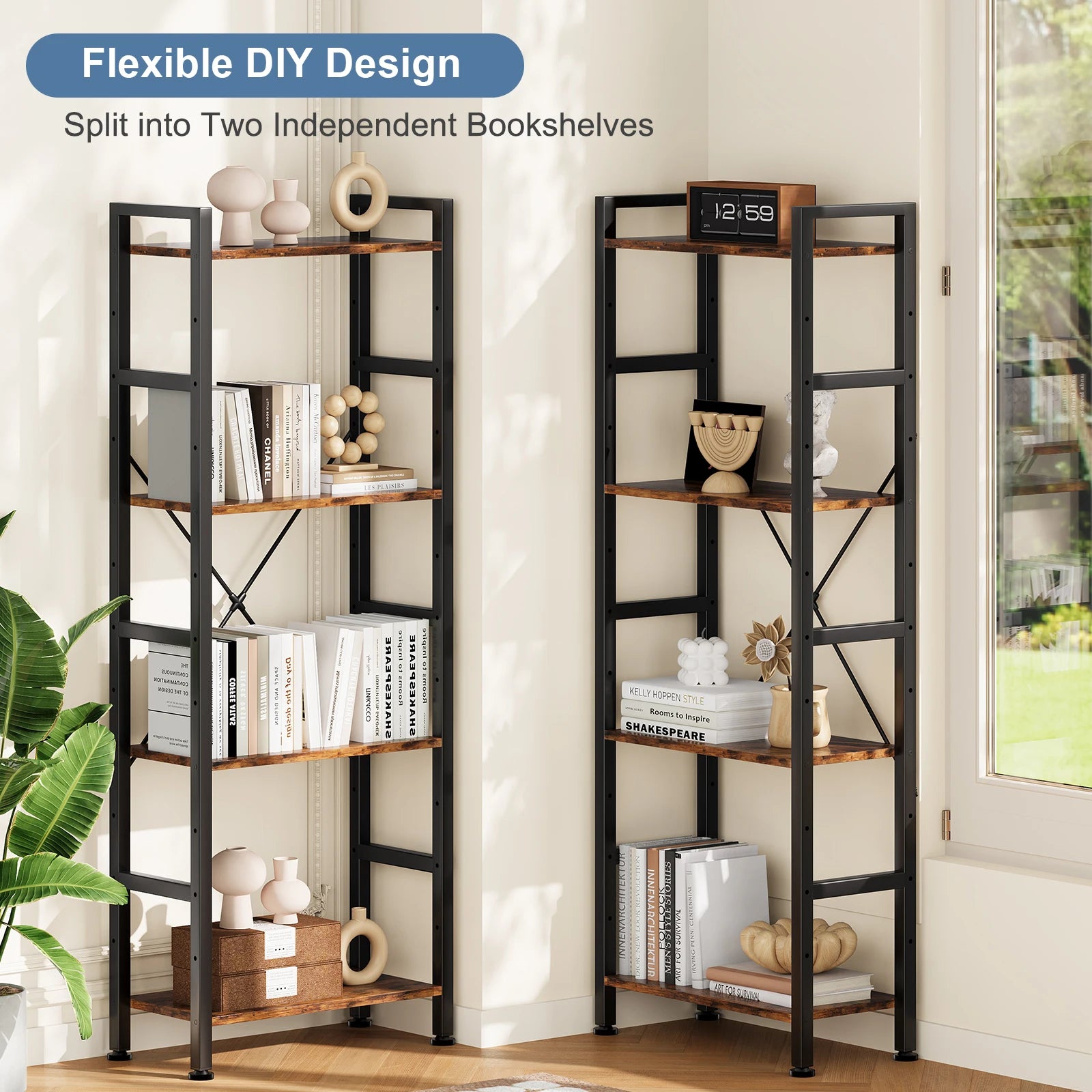 4-Tier Wide Bookshelf with Adjustable Shelves and Metal Frame