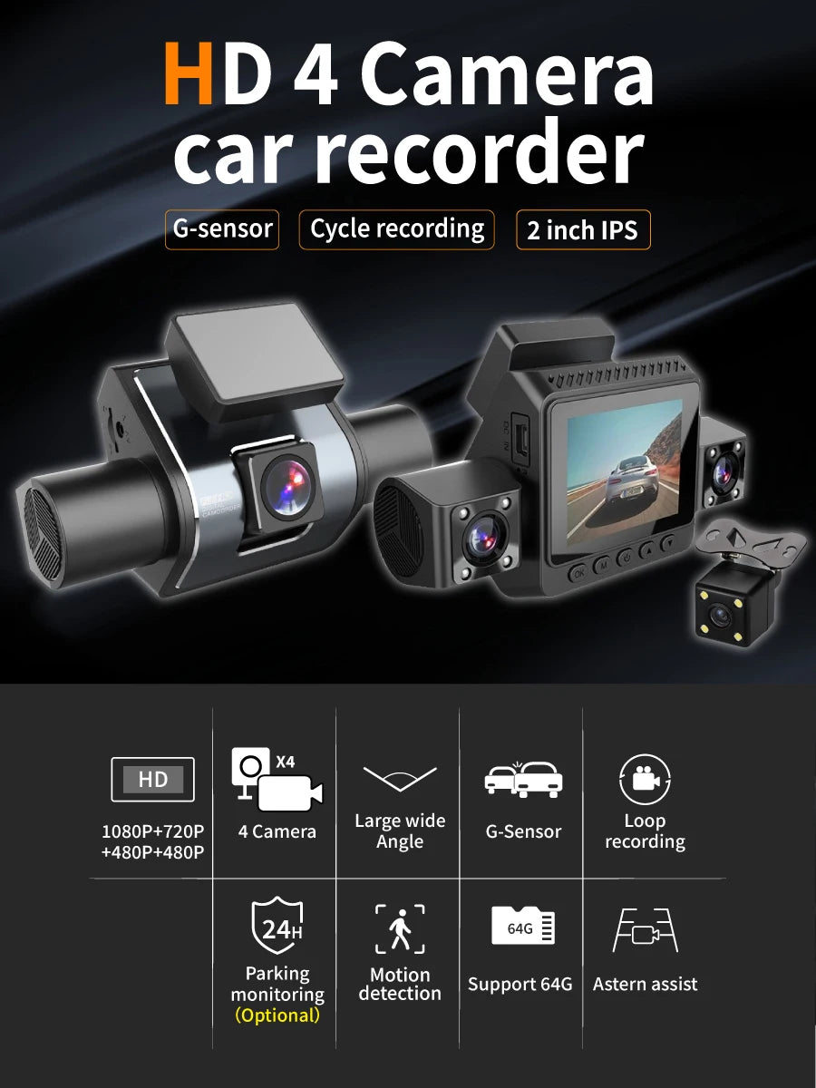 1080P 4-Channel Dash Cam with Night Vision & Loop Recording