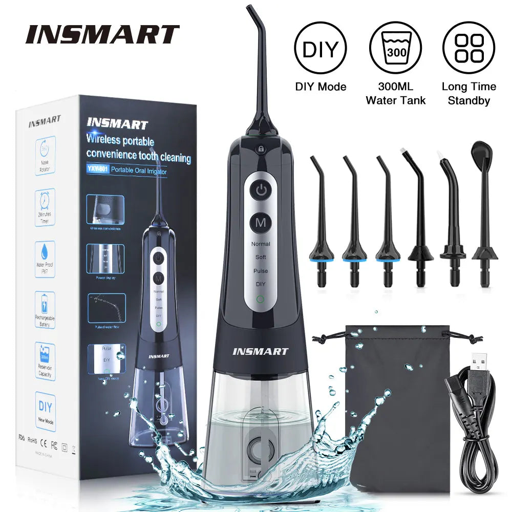 INSMART Oral Irrigator Dental Water Flosser Teeth Whitening Waterproof Portable Dental Water Jet Floss 300ML Teeth Cleaner 