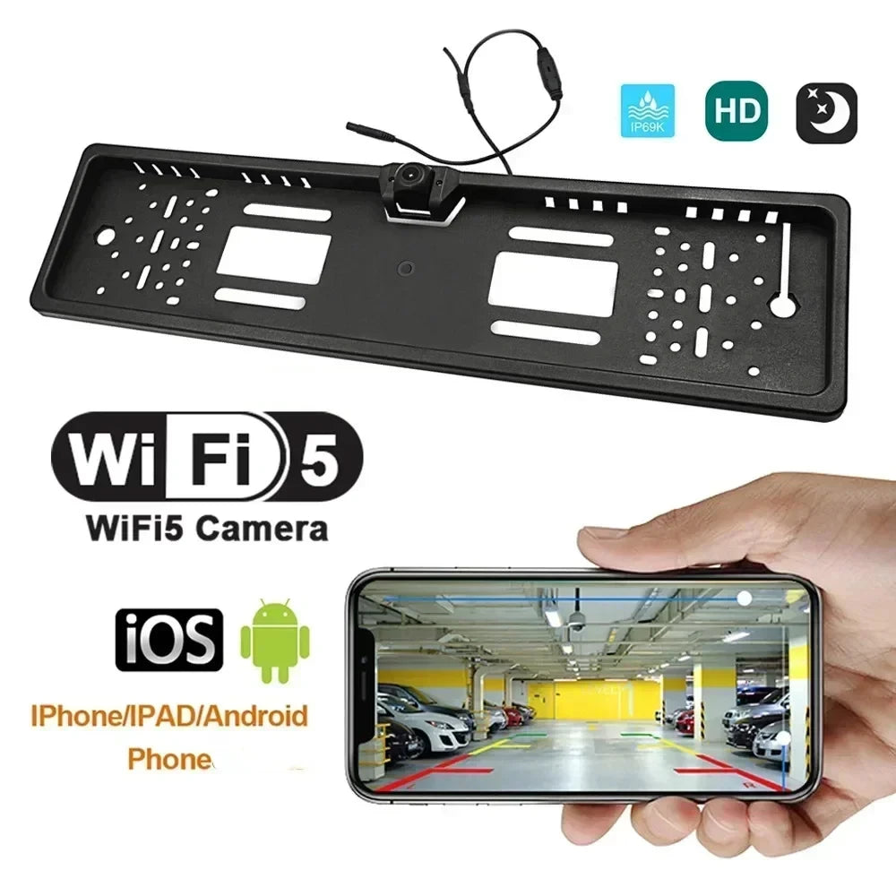 License Plate Frame Camera Wireless WiFi European License Plate Frame Rear View Reverse Camera High Definition Starlight Night Vision Car Camera