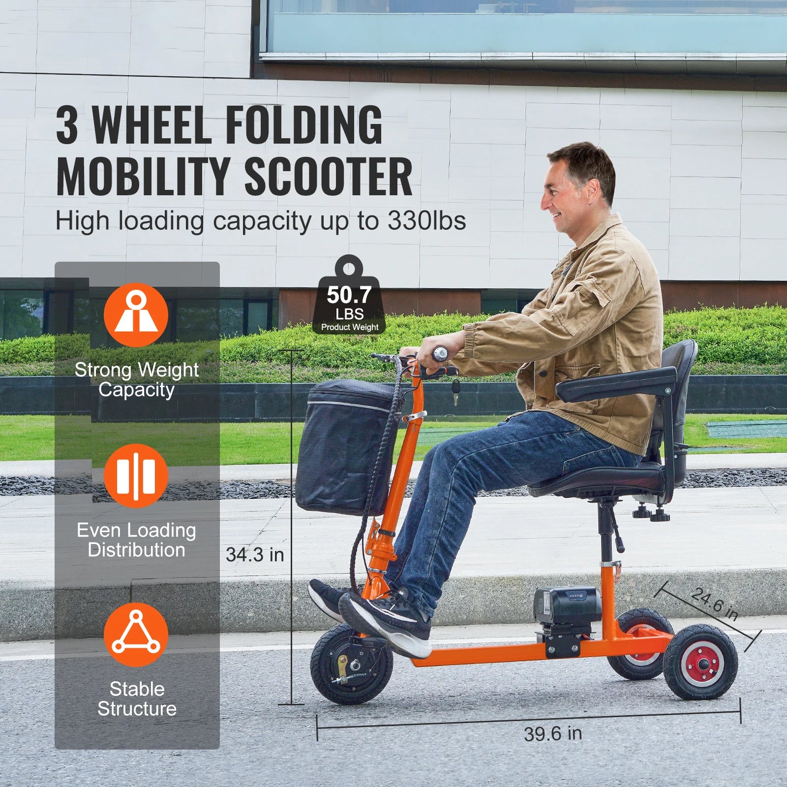 Scooter elettrico pieghevole a 3 ruote per anziani, mobility scooter portatile alimentato elettricamente, per terreni any-terrain, carrozzina da viaggio