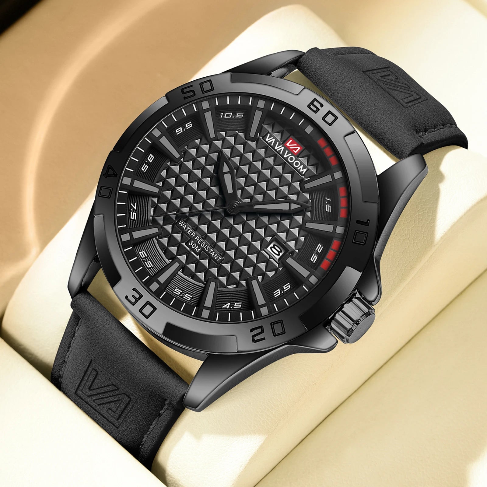VA VA VOOM Men Casual Sport Military Quartz Calendar Wrist Watch for Man Business Leather Waterproof Male Clock Relogio Masculin 